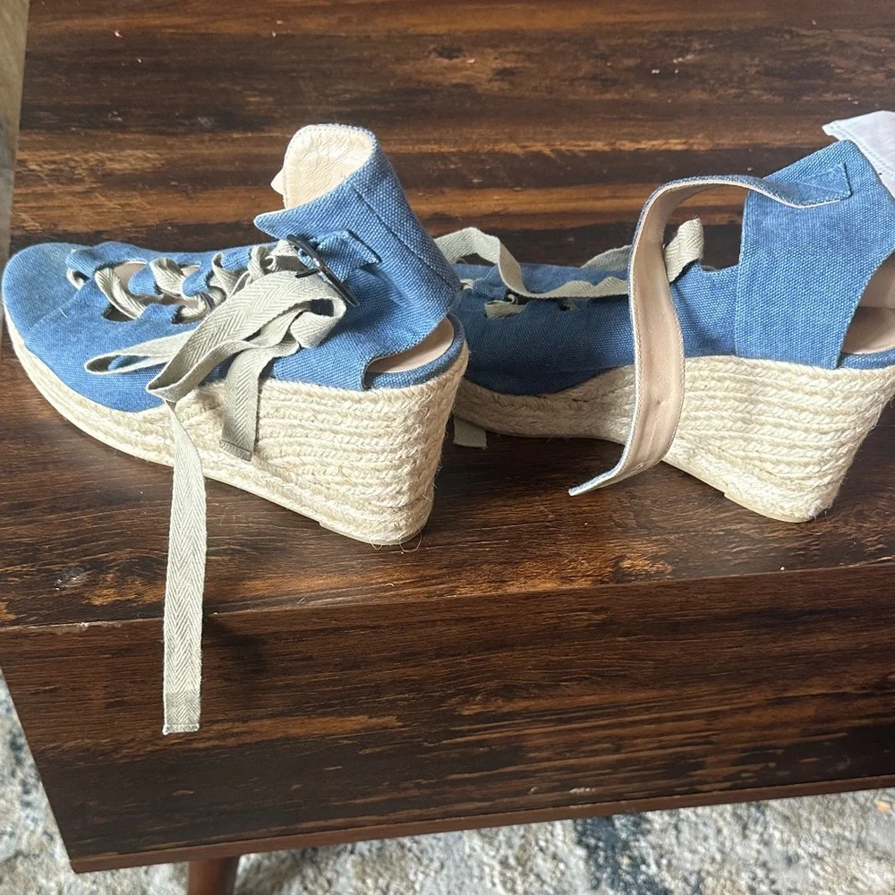 Castaner Blue Canvas Espadrille Wedge Sandals with Ankle Wrap